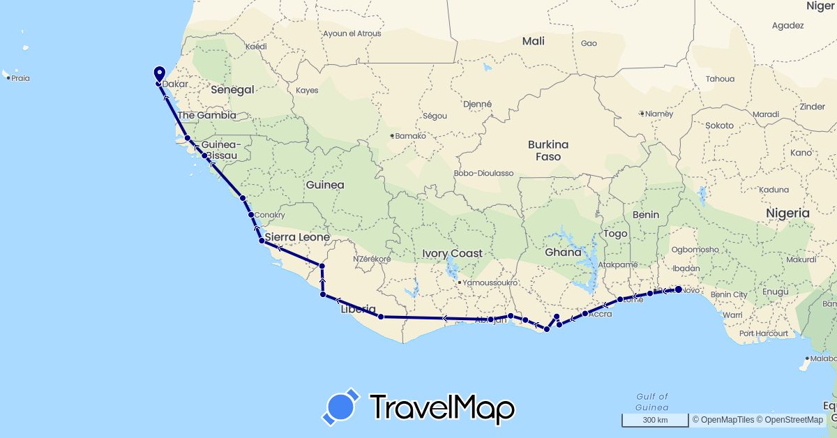 TravelMap itinerary: driving in Benin, Côte d'Ivoire, Ghana, Guinea, Guinea-Bissau, Liberia, Nigeria, Sierra Leone, Senegal, Togo (Africa)